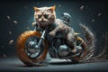 Funny biker cat in sunglasses sits on a custom motorcycle