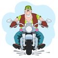 funny biker with teeth grin rushes on a motorcycle