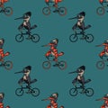 Funny bird riding bicycle seamless pattern