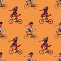 Funny bird riding bicycle seamless pattern