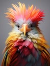 A funny bird\'s head with a lot of colorful long feathers