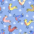 Funny Birds And Hearts Pattern On Blue Royalty Free Stock Photo