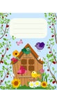 Funny birds near the birdhouse, flowers and cherry. Vector illustration. Royalty Free Stock Photo