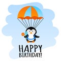 Funny birthday card with parachute penguin