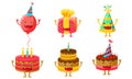 Funny Birthday Party Symbols Cartoon Characters Set, Balloon, Gift Box, Party Hat, Cake with Candles, Cute Cartoon Royalty Free Stock Photo