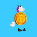 Funny bitcoin character closed eyes with its hand, crypto currency emoticon vector Illustration on a sky blue background