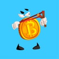 Funny bitcoin character with slingshot, crypto currency emoticon vector Illustration on a sky blue background