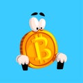 Funny bitcoin sitting, crypto currency emoticon vector Illustration on a sky blue background