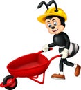 Funny Black Ant Wearing Yellow Helmet With Red Cart Cartoon Royalty Free Stock Photo