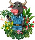 Funny Black Buffalo With Tropical Plant Flower Cartoon