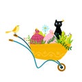 Funny black cat with a butterfly on his ear in a garden wheelbarrow with plants and bags. Spring concept, vector Royalty Free Stock Photo