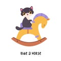 Funny Black Cat Ride Rocking Horse as English Verb for Educational Activity Vector Illustration