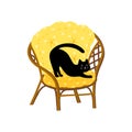 A funny black cat stretches on a garden chair. Summer concept, vector illustration in simple hand drawn childish cartoon Royalty Free Stock Photo