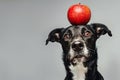 Funny black dog with red appe fruit on head in front of gray studio background with copy space Royalty Free Stock Photo