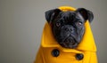 Funny black french buldog in a yellow coat