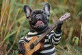 Funny black French Bulldog dog playing guitar