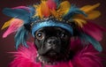 Funny black french bulldog wearing a headdress with feathers on a dark background
