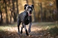 Funny black Great Dane dog running in autumn forest. Selective focus.