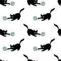 Funny black kittens with clews. Seamless pattern, vector