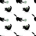 Funny black kittens playing with clews. Seamless pattern