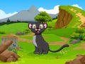 Funny black panther cartoon in the jungle with landscape background Royalty Free Stock Photo
