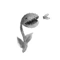 Funny black and white venus flytrap, illustration drawn in watercolor and pencil, character, catches a fly
