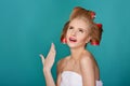 Funny blond woman over blue background Royalty Free Stock Photo