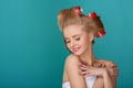 Funny blond woman over blue background Royalty Free Stock Photo