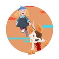 Funny blonde teen girl walking  a dog. Autumn theme. Vector cartoon illustration Royalty Free Stock Photo