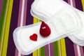 Funny blood crochet drop and heart with menstruation sanitary soft pads, napkin. Woman hygiene protection. Woman critical days, gy