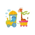 Funny blue behemoth and orange spotted giraffe riding on train. Graphic element for children s book, postcard or mobile