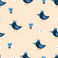 Funny blue birds and tiny flowers hand drawn vector illustration. Cute chicken in flat style seamless pattern for kids. Royalty Free Stock Photo