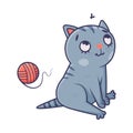 Funny Blue Cat with Striped Tail Sitting with Ball of Yarn Vector Illustration