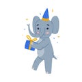 Funny Blue Elephant with Large Ear Flaps and Trunk in Birthday Hat Carrying Gift Box Vector Illustration Royalty Free Stock Photo