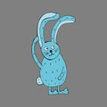 A funny blue hare scratches behind his ear. Vector illustration. Comics. Coloring for children and adults. Cartoon.