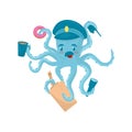 Funny blue octopus with mustache in policeman s cap. Marine animal holding police items in tentacles. Flat vector for