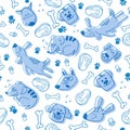 Funny blue seamless pattern with hand drawn doodle dogs, paw prints and bones Royalty Free Stock Photo