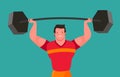 Funny bodybuilder raises heavy barbell. Gym  illustration Royalty Free Stock Photo