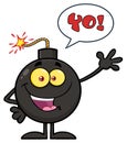 Funny Bomb Cartoon Mascot Character Waving For Greeting.