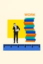 Funny bookworm collage of young businessman pile materials library bookstore measure ruler documents for work isolated