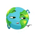 Funny boring Earth planet character and airplane flying around it, cute globe with face and hands vector Illustration
