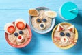 Funny bowls with oat porridge with cat, dog and mouse faces made of fruits and berries, food for kids idea, top view Royalty Free Stock Photo