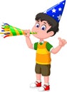 Funny Boy With Birthday Hat And Trumpet Cartoon