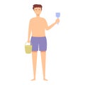 Funny boy with bucket icon cartoon vector. Swim camp