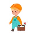 Funny Boy Builder in Hard Hat and Overall Carrying Box with Tools Vector Illustration Royalty Free Stock Photo