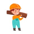Funny Boy Builder in Hard Hat and Overall Carrying Wooden Plank Vector Illustration