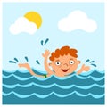 Funny boy in cartoon style swims in the sea in summer Royalty Free Stock Photo