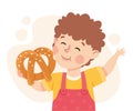 Funny Boy Character Eating Pretzel Showing Like Vector Illustration