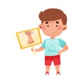 Funny Boy Character Holding Flashcard with Foot Image Vector Illustration Royalty Free Stock Photo