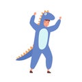 Funny boy in dinosaur costume raising hands make scaring gesture vector flat illustration. Cute male kid actor in